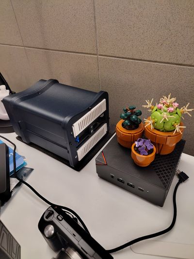 Dual-bay NAS in a 3D-printed case, beside a mini PC, a game controller and potted succulents